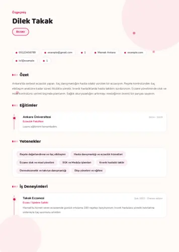 Eczacı CV Örnekleri cv indir